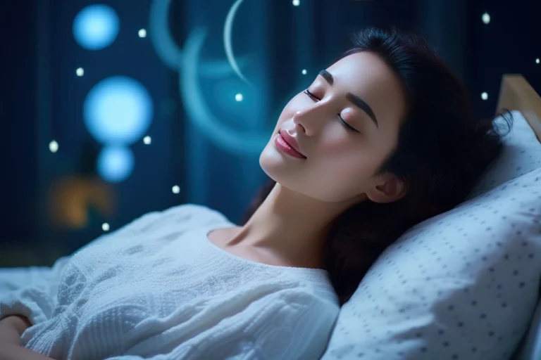 A girl with a happy face sleeping peacefully, illustrating the benefits of better sleep for peak mental and physical health.